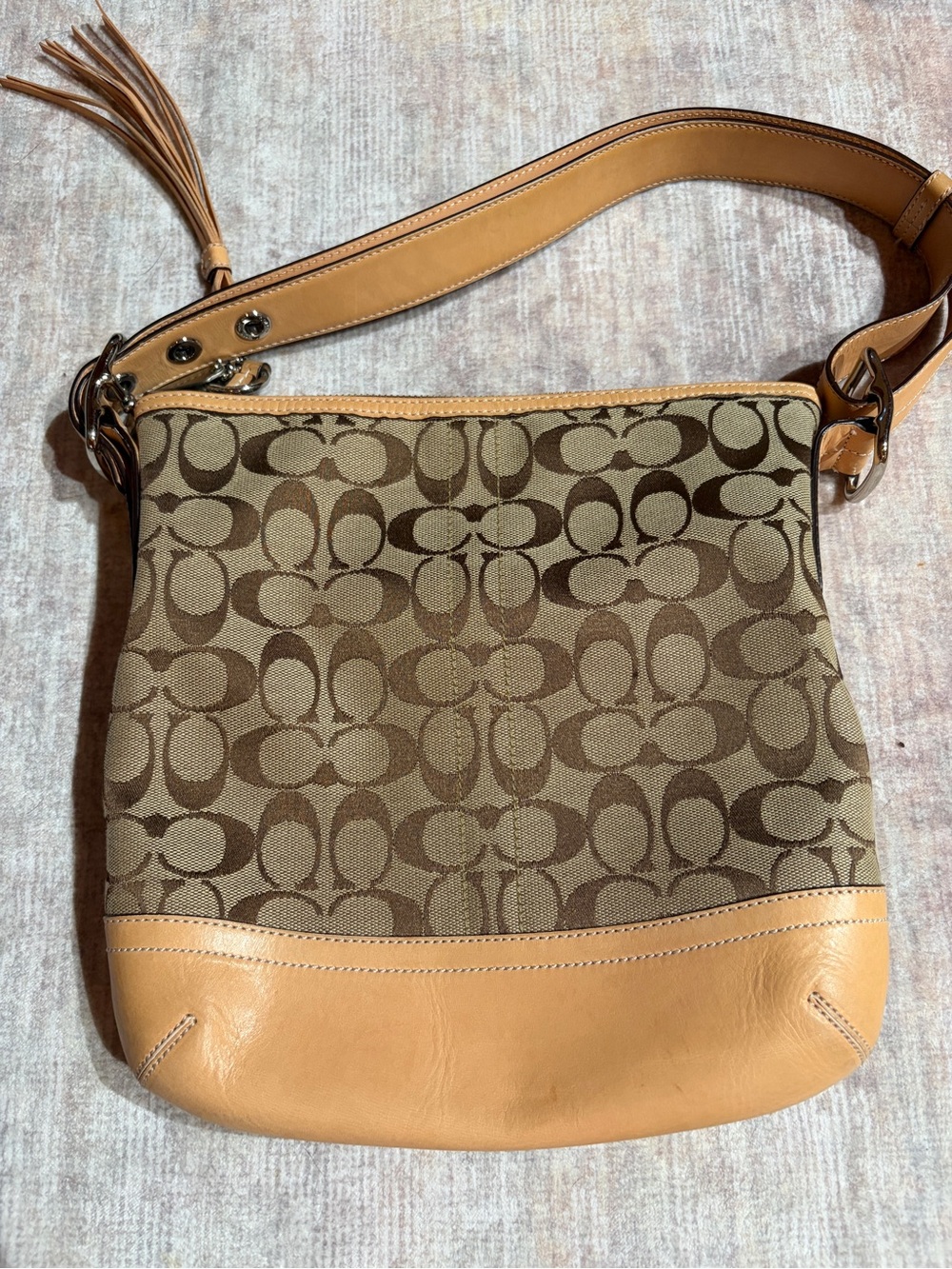Coach Khaki Signature C05K-9362 Canvas Shoulder Bag with Tan Leather Trim